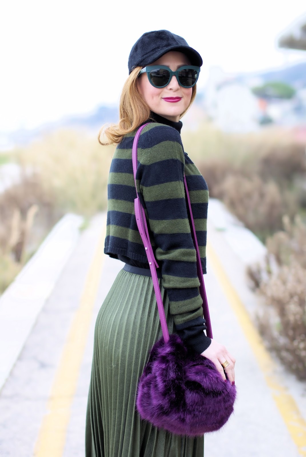 Faux fur bag and Muff with green pleated skirt on Fashion and Cookies fashion blog, fashion blogger style