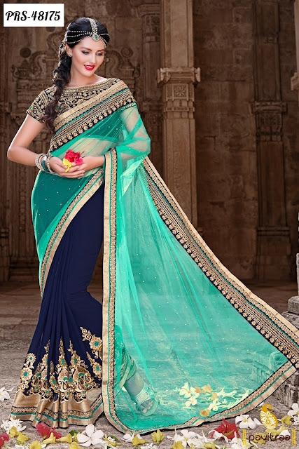 Diwali special turquoise georgette designer lehenga saree online shopping with great discount offer price at pavitraa.in