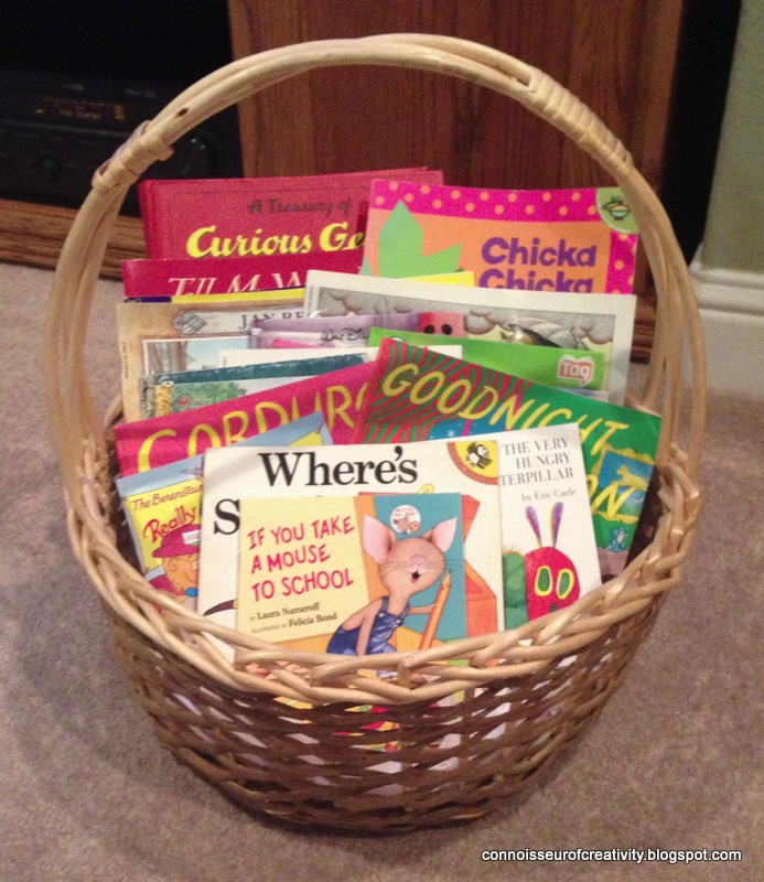 Connoisseur of Creativity Baby Shower Book Basket Gift A basket full