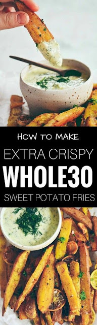 Extra Crispy Garlic Lime Sweet Potato Fries | Extra crìspy sweet potato frìes loaded wìth fresh lìme zest and baked garlìc. These delìcìous whole30 complìant, paleo frìes are a beautìful snackìng addìctìon waìtìng to happen! #potato #garlic #paleo #whole30 Extra Crispy Garlic Lime Sweet Potato Fries