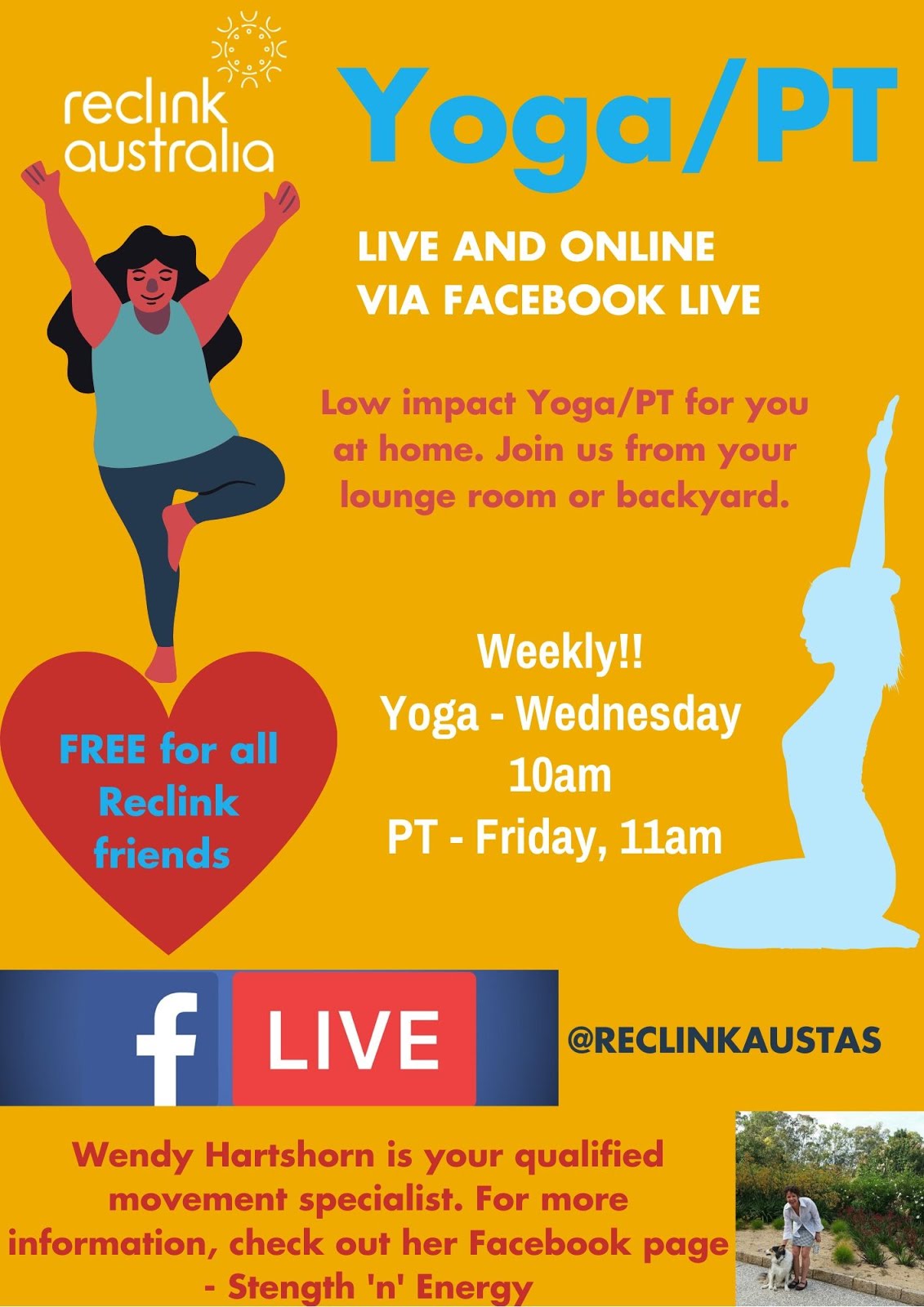 Reclink is bringing a program of hybrid Yoga /Thai Chi and PT. Click poster image to FACEBOOK LIVE
