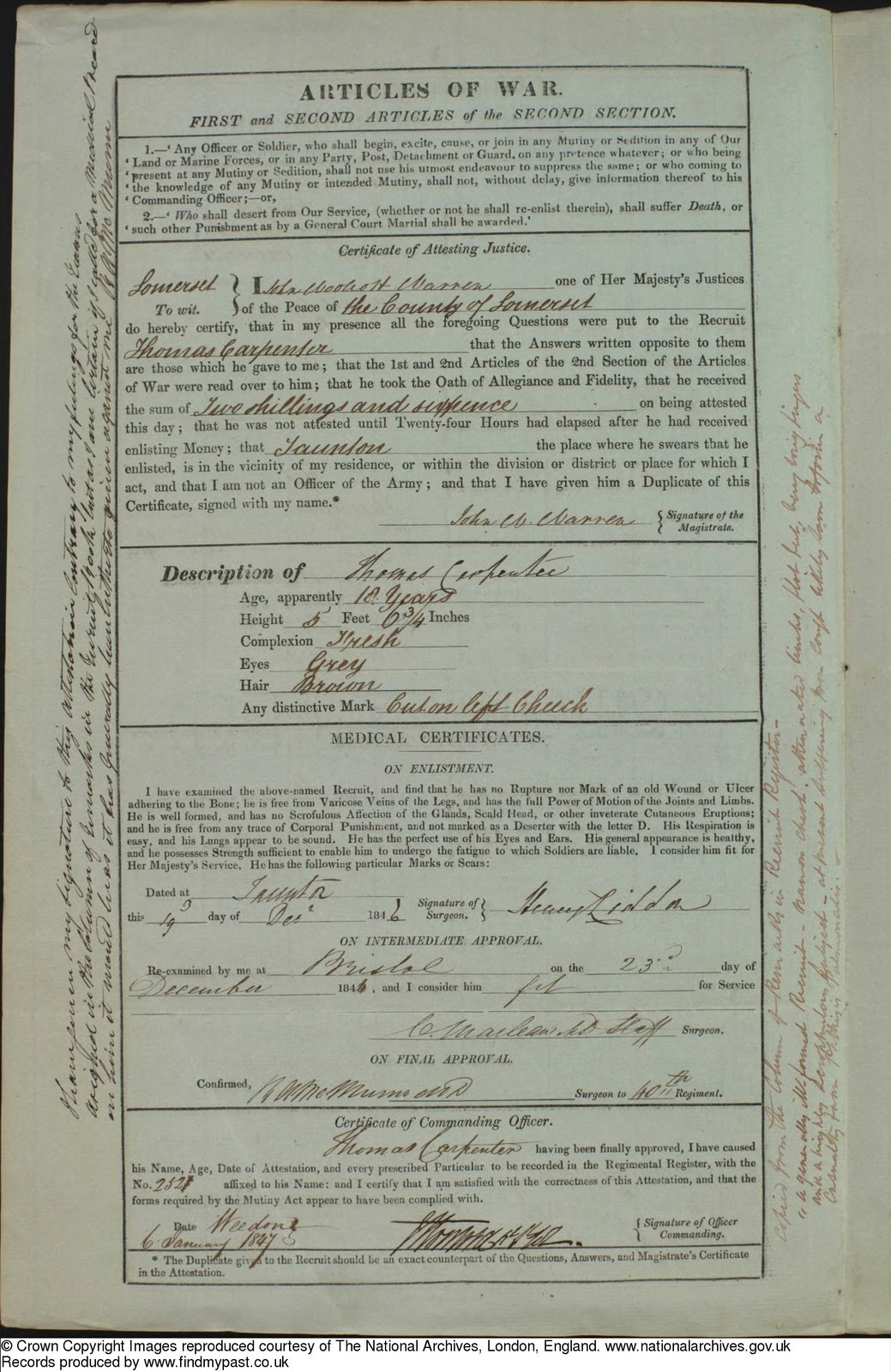 Army Forms & Attestations: Thomas Carpenter 1846: a highly scrophulous ...