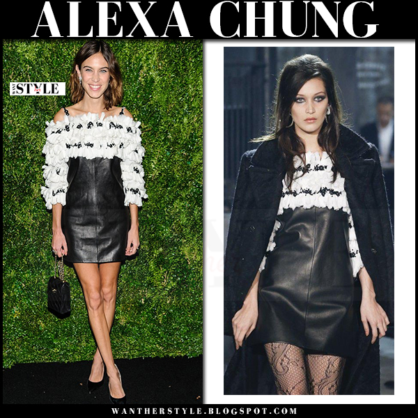 Alexa Chung in black leather ruffled mini dress at MOMA benefit on ...