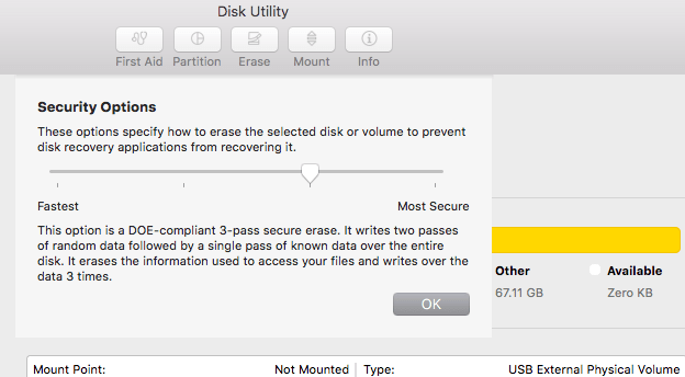 Adjust the security level while formatting an external disk or Flash drive for Mac