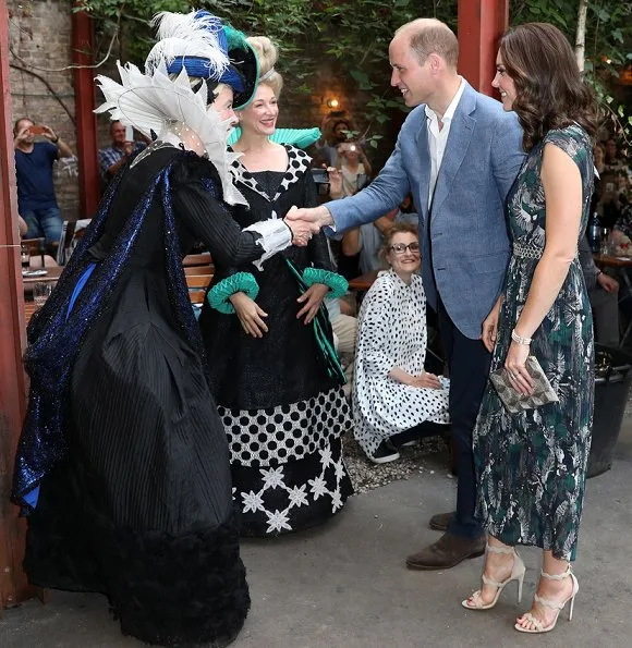 Kate Middleton - Duchess Catherine wore a bird print jacquard dress from Markus Lupfer Pre Autumn/Winter 2017 Collection. Prada Quazo Sandals