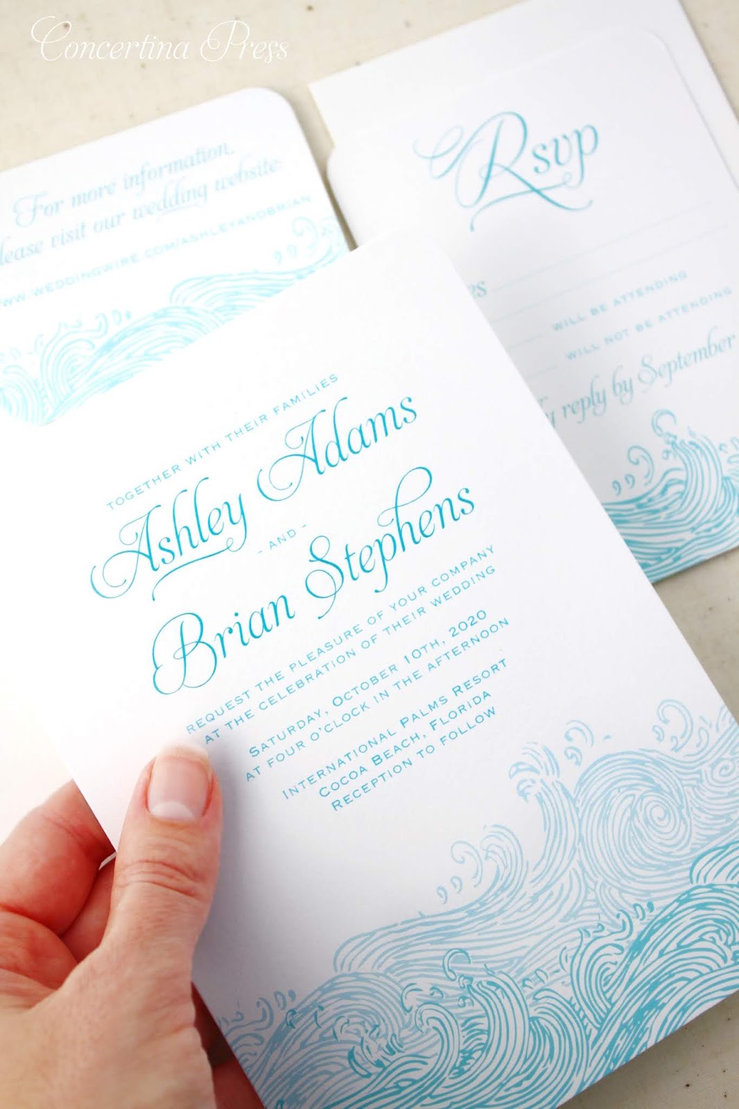 Concertina Press Stationery And Invitations Waves Beach Wedding Invitations Simple And Modern With Rsvps And Website Cards Included