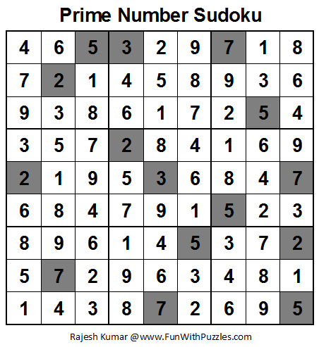 Prime Number Sudoku (Fun With Sudoku #28) Solution