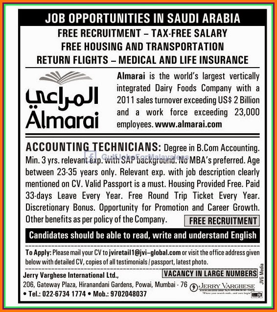 Free Recruitment for Saudi Arabia Almarai Dairy Foods Company