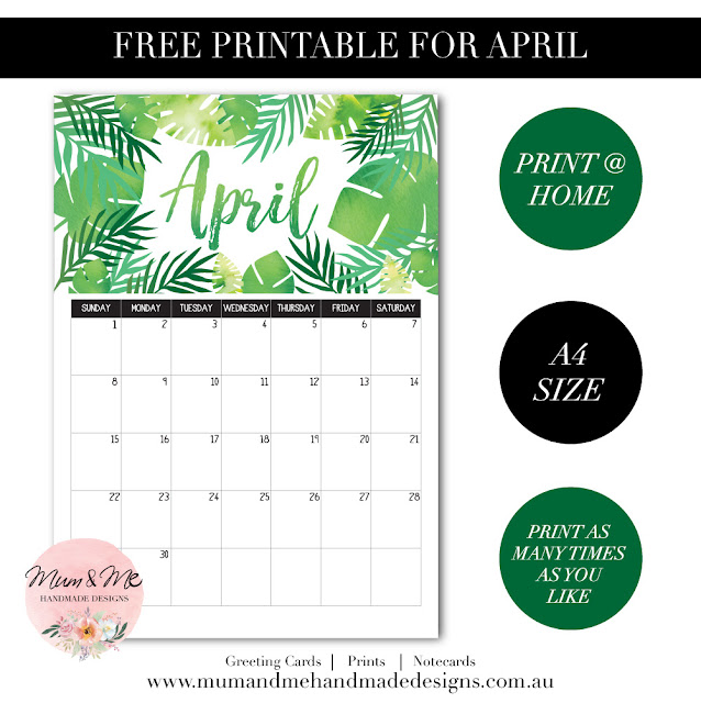 Free Printable Monthly Calendar - Palm Leaves by Mum and Me Handmade Designs