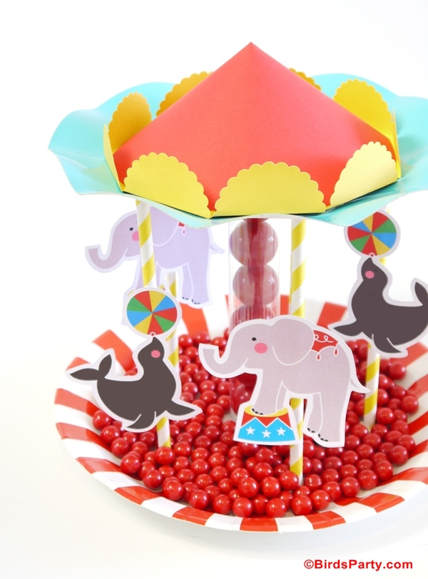 Circus Birthday Party Ideas | DIY Carousel Candy Centerpiece - BirdsParty.com