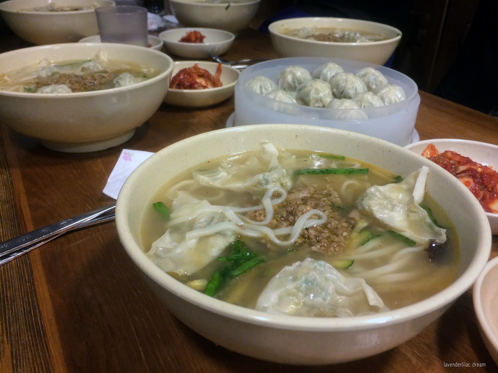South Korea, Seoul, Myeongdong, YISS 2014, Myeongdong Gyoja food spread - Kalguksoo and Mandoo