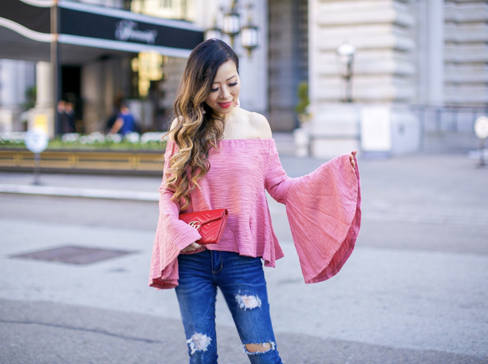 pink off shoulder bell sleeve top, moon river bell sleeve top, ripped jeans, christian louboutin pink pumps, baublebar pink tassel earrings, gucci marmont wallet on the chain bag, san francisco style blog, fall outfit ideas