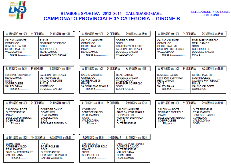 Calciobellunese Terza categoria B il calendario