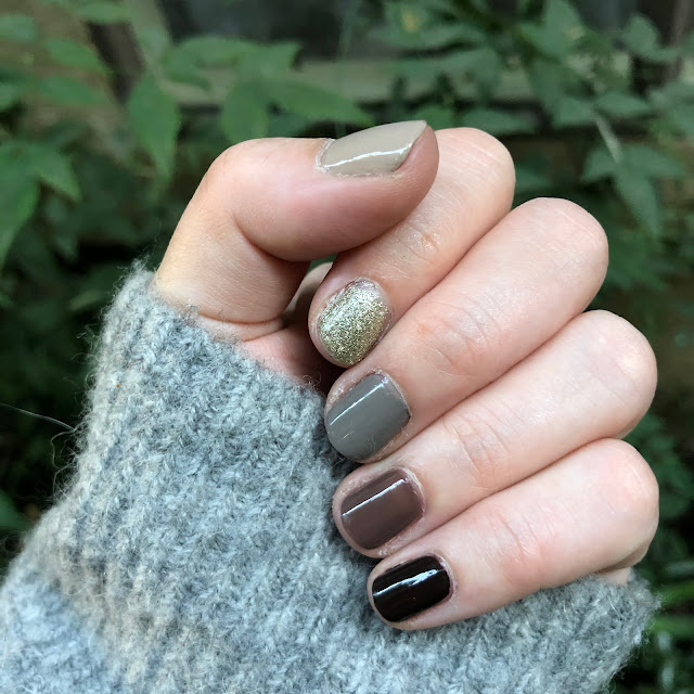 Essie, multicolor manicure, ombré manicure, #ManiMonday, nails, nail polish, nail lacquer, nail varnish, Essie Hot Coco, Essie Chinchilly, Essie Jazz, Essie Partner in Crime, Essie Beyond Cozy, Skittle nails, The Beauty of Life, Jamie Allison Sanders