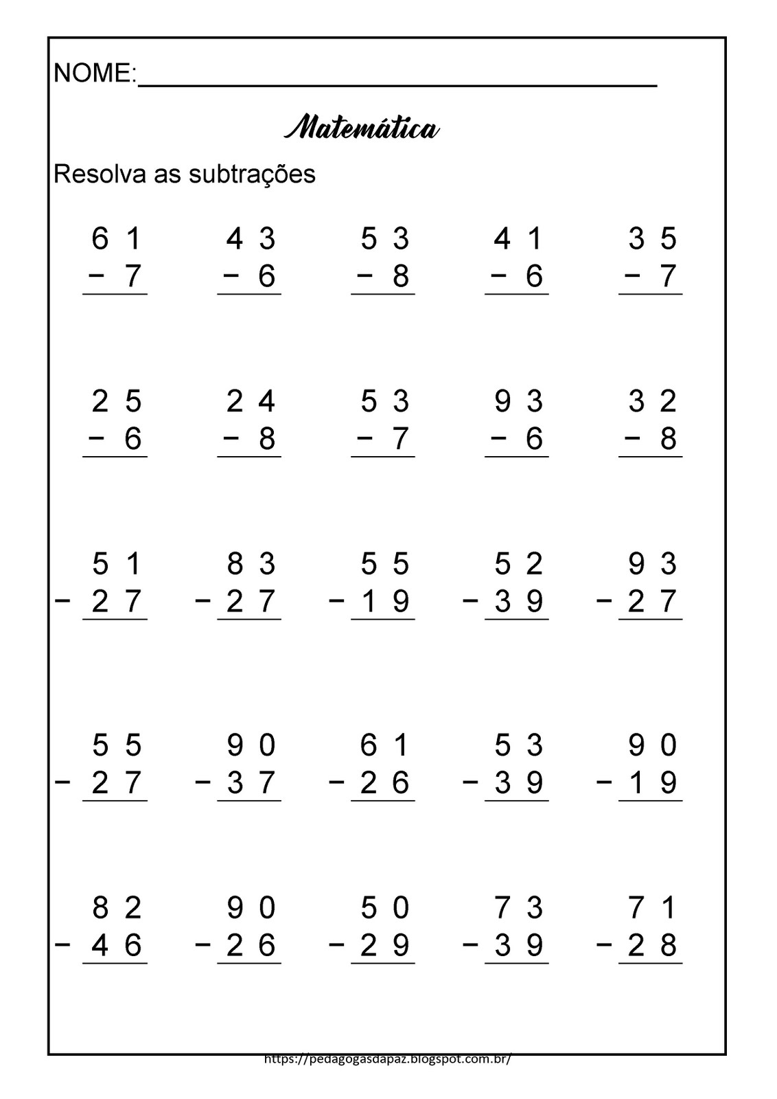 Pedagogas Da Paz Continhas De Subtra O Para Ano E Ano Para