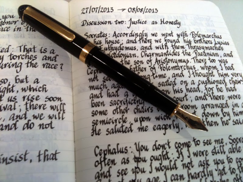 Platinum Fountain Pen with Music Nib writing sample. The text is extract from Plato's The Republic Book.