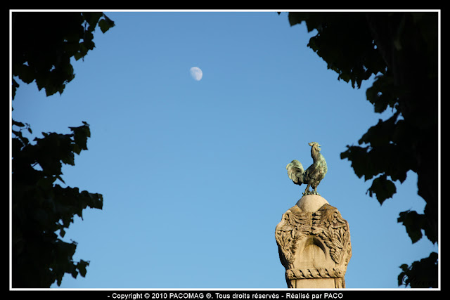 Coq du monument aux morts place Nassau de la ville de Sedan et la lune