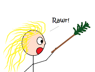 Female stick figure wielding a pineapple top that's been speared with a branch, yelling "Rawr!"