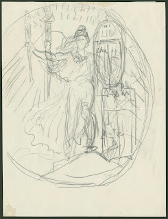 A sketch of a long-hared figure carrying a torch and shield.