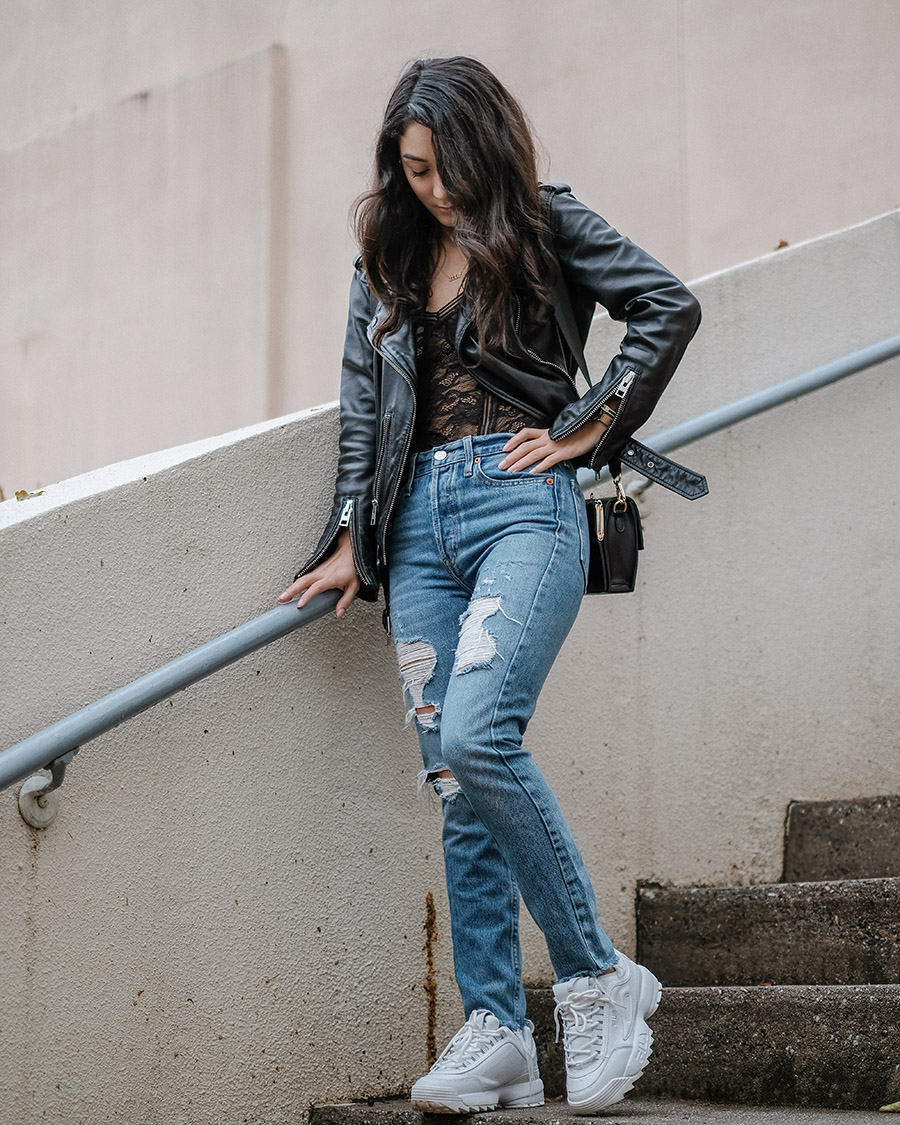 lace bodysuit and jeans outfit