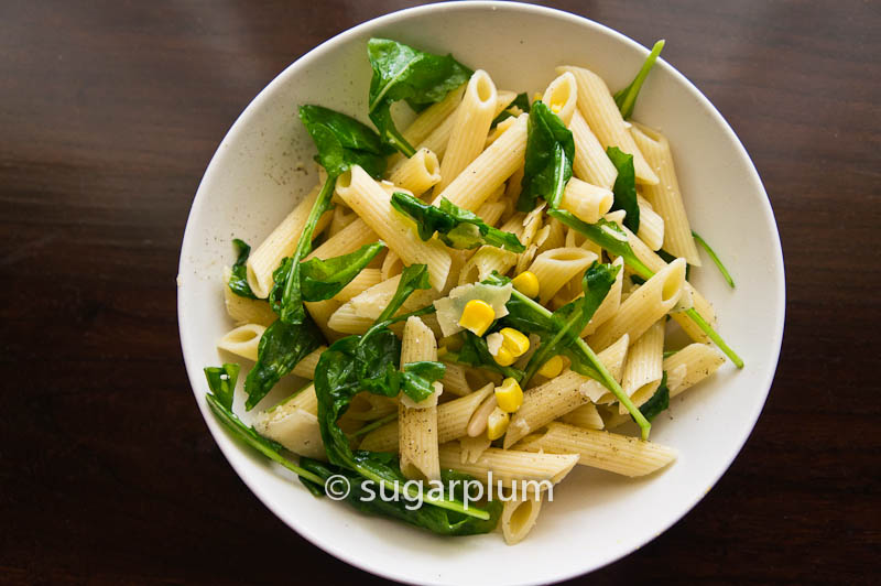 Sugar & Spice & everything nice Arugula Corn Pasta Salad with Lemon