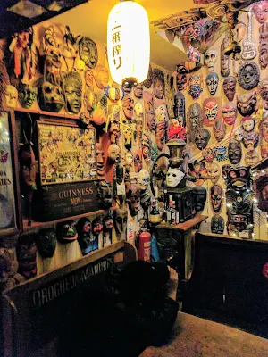 Tribal masks decorating the interior of De Barra's Folk Club in the West Cork town of Clonakilty