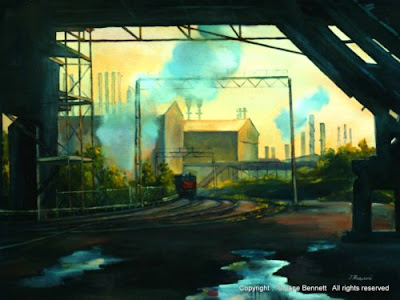 plein air oil painting of railway goods yard BHP steelworks Kooragang Island by industrial heritage artist Jane Bennett