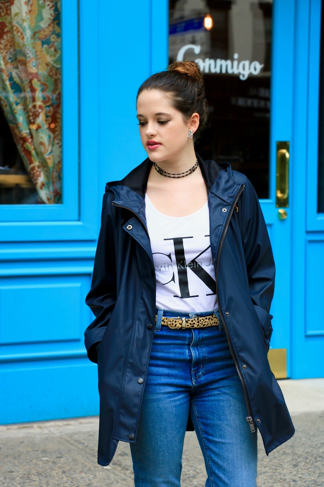 NYC fashion blogger Kathleen Harper wearing Zara rain jacket with high-waisted jeans