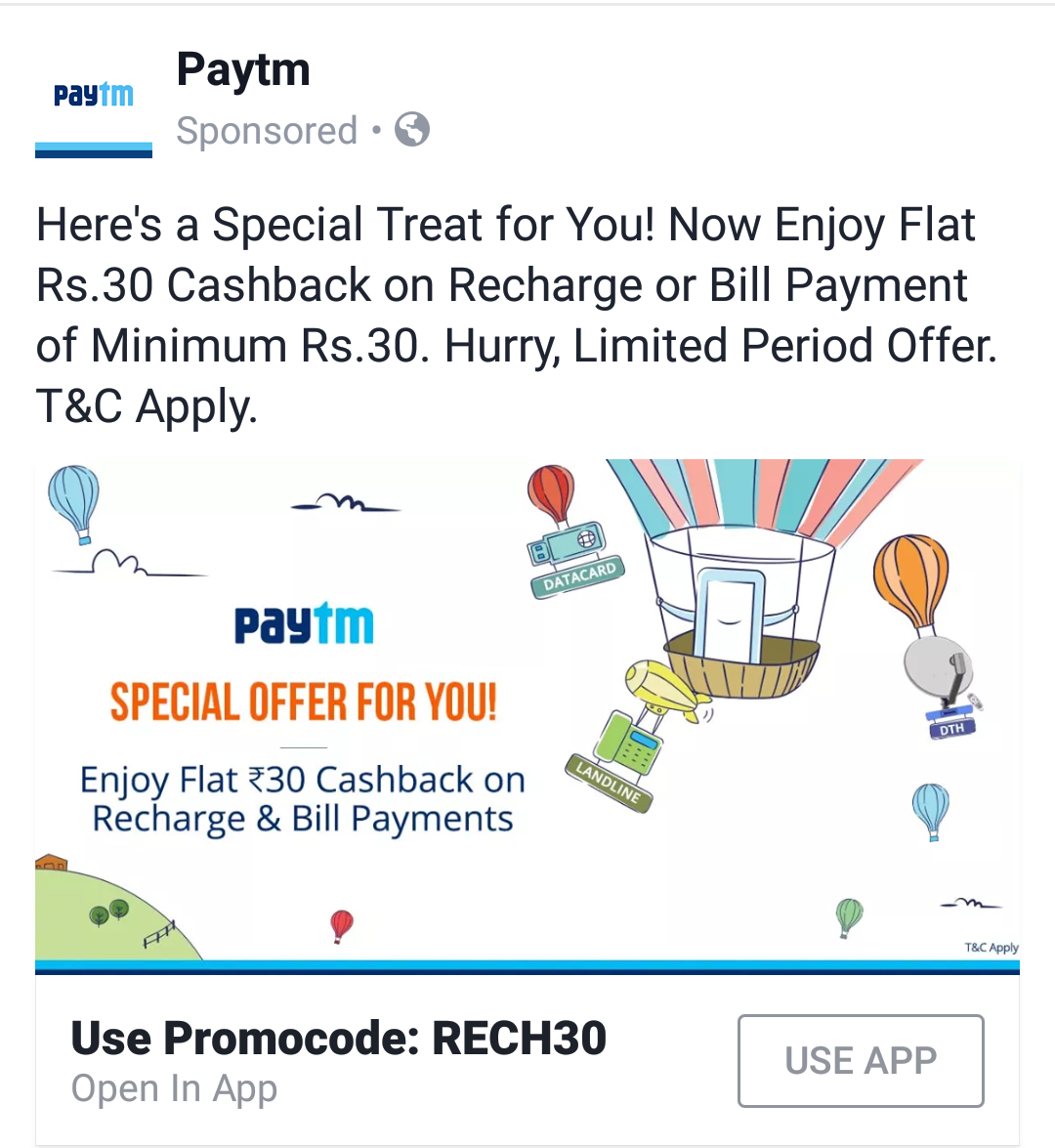 Paytm cashback offer RS 10, RS 30, RS 50 Cashback on minimum recharge