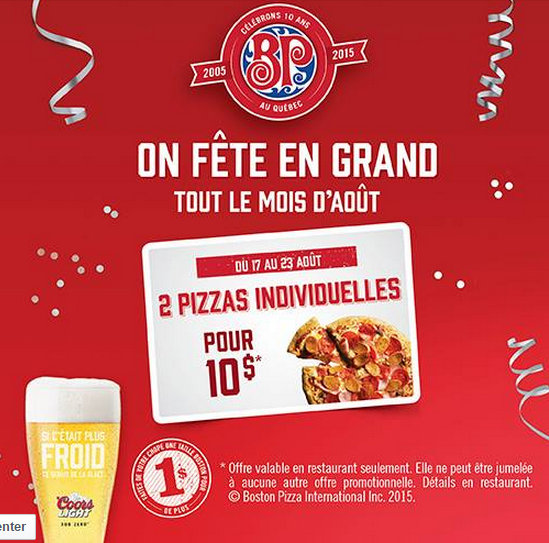 Coupons et Circulaires 2/10 Pizza chez Boston Pizza
