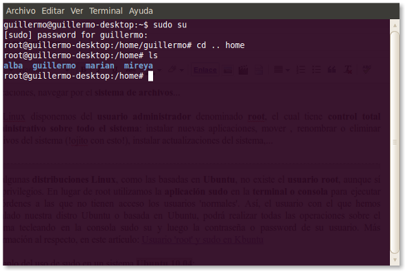 Ejemplo del uso de sudo su en la Terminal o consola de Linux (Ubuntu 10.04)