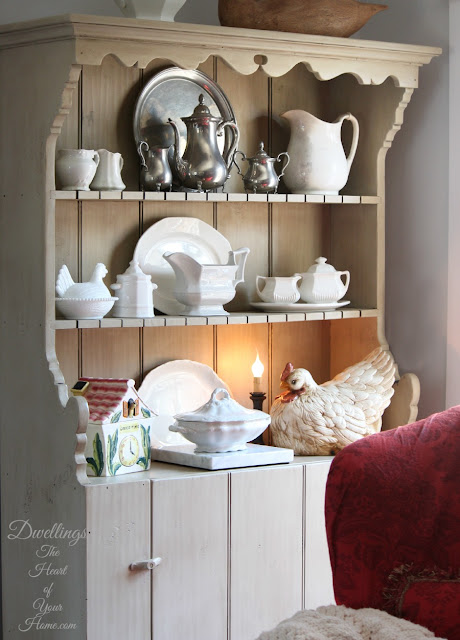 Farmhouse kitchen cupboard with Ironstone dishes.