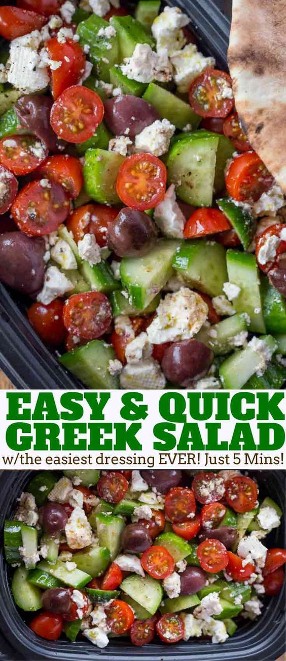 Easy Greek Salad with cucumbers, grape tomatoes, feta cheese and kalamata olives with a lemony red wine vinaigrette dressing in just five minutes. #salad #greek #greeksalad #healthy #glutenfree #side #vegetarian #dinnerthendessert