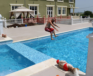 Jumping into the pool after breakfast Jumping into the pool after breakfast