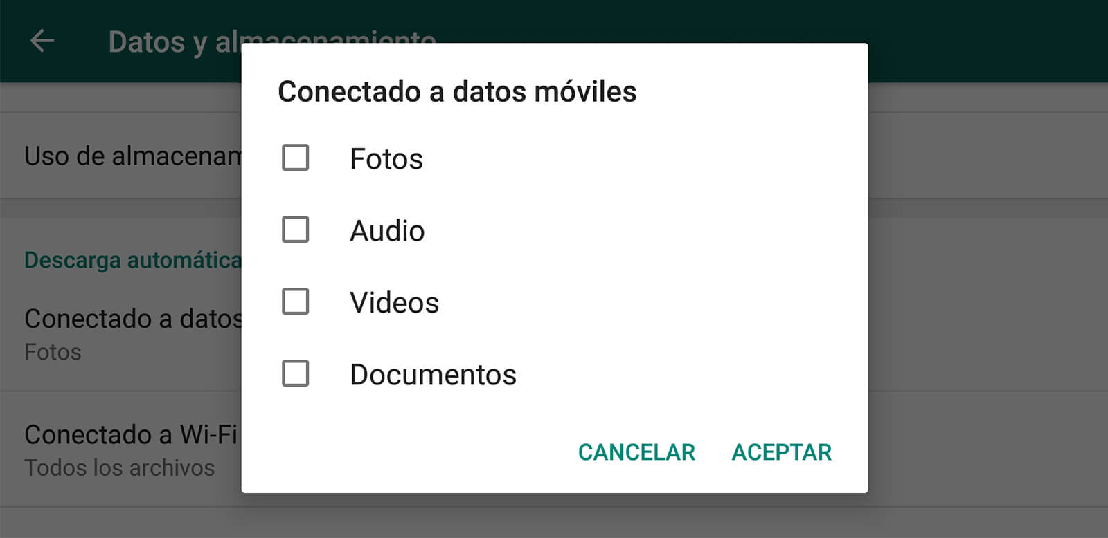 Configuración de datos móviles para WhatsApp