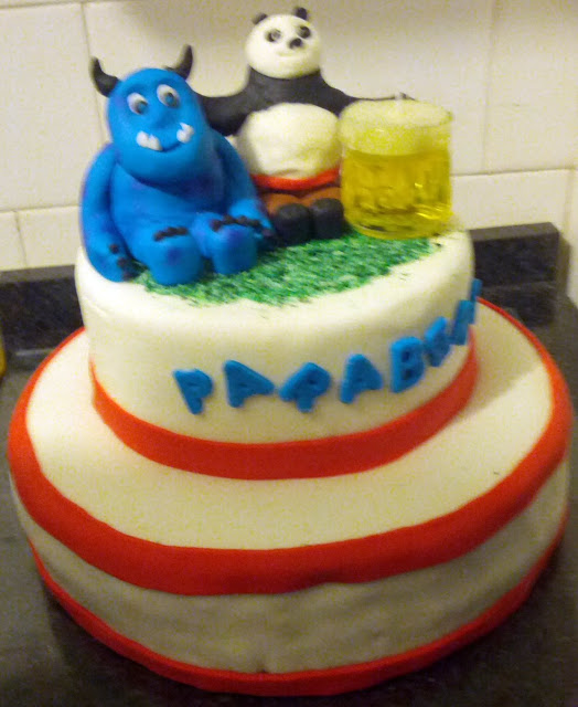 Birthday cake with the theme Kung Fu Panda and Monsters, Inc., modeled on fondant, mass vanilla and chocolate filling with mint
