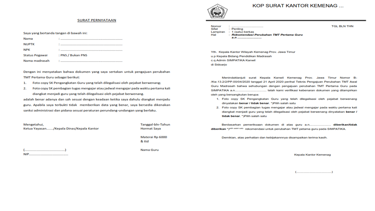 Contoh Surat Rekomendasi Perubahan TMT Pertama Guru
