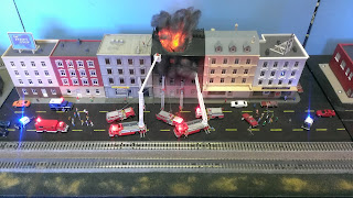 building fire on a model railroad set
