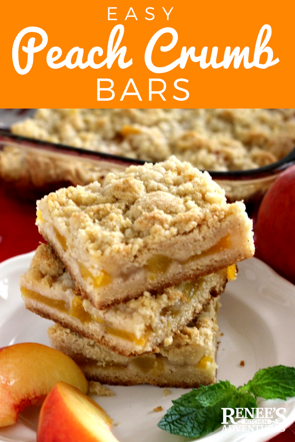Easy Peach Crumb Bars from Renee's Kitchen Adventures - easy dessert recipe for fresh peaches. Fresh peaches are nestled between a buttery shortbread type crust with a crumb topping. #peaches #dessert #barcookies