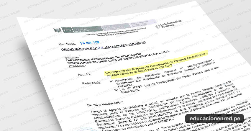 OFICIO MÚLTIPLE N° 045-2018-MINEDU/VMGI-DIGC - Cronograma del Proceso de Contratación de Personal Administrativo y Profesionales de la Salud para el Año 2019 - www.minedu.gob.pe OFICIO MÚLTIPLE N° 045-2018-MINEDU/VMGI-DIGC - Cronograma del Proceso de Contratación de Personal Administrativo y Profesionales de la Salud para el Año 2019 - www.minedu.gob.pe