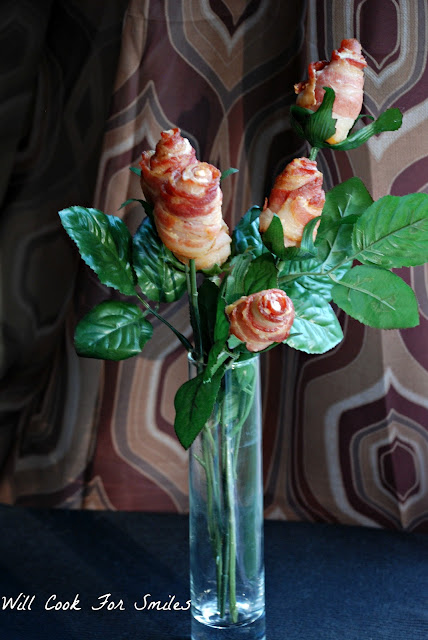 bacon bouquet in a vase on a table  