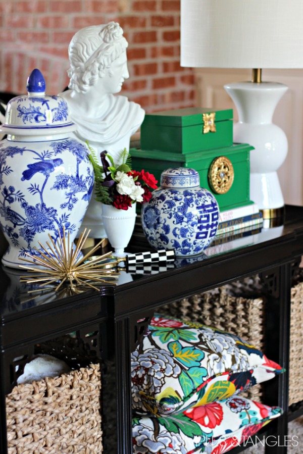 Rustoleum Meadow Green, Sofa Table Styling, decorative bust, blue and white, chiang mai dragon pillows