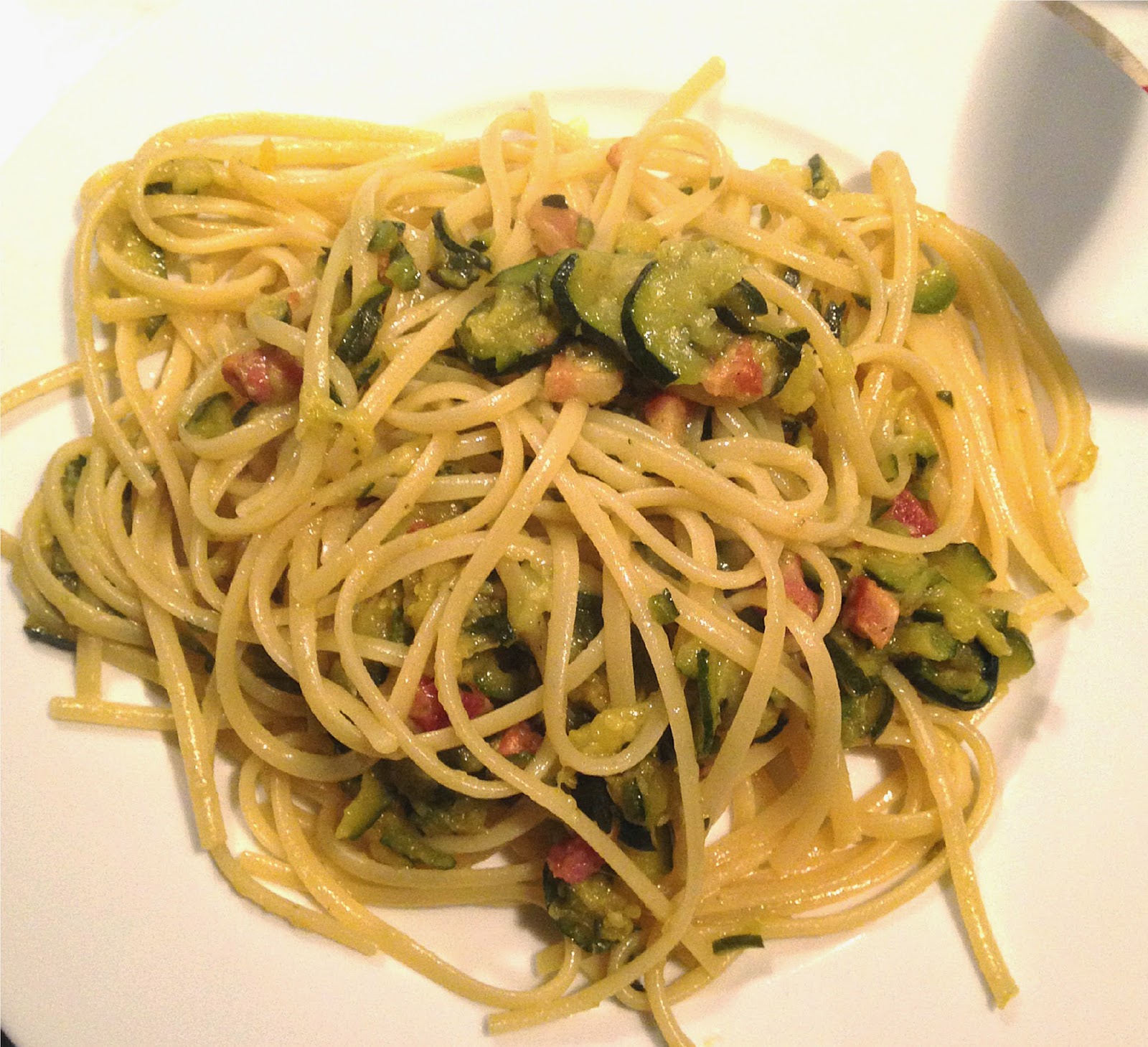 Nuts about food Pasta with zucchini, saffron and smoked pancetta