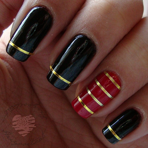 NOTD: Black & Red with Gold stripes all over | Hiiyooitscat Beauty Diaries