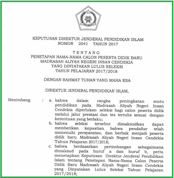 Pengumuman Kelulusan Peserta Didik Baru Man Insan Cendekia Tahun Pelajaran 2017 2018 Info Pendidikan Keagamaan Dan Madrasah Info Pendidikan