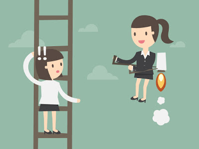 a cartoon figure climbing up a ladder is passed up by a business woman with a jet pack