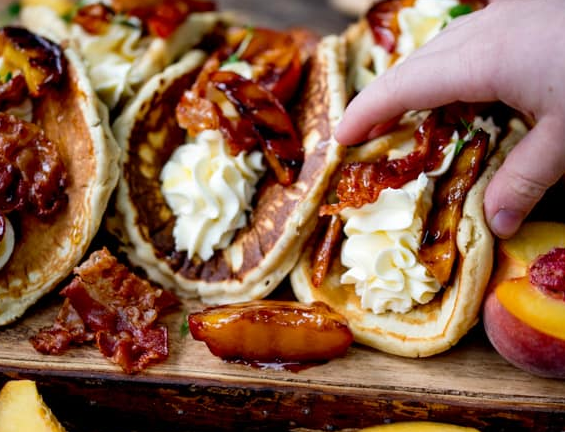 Pancake Tacos with Caramelized Peaches and Pancetta