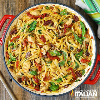 Greek Chicken One Pot Pasta Mediterranean chicken combined with sun dried tomatoes and Greek olives over pasta