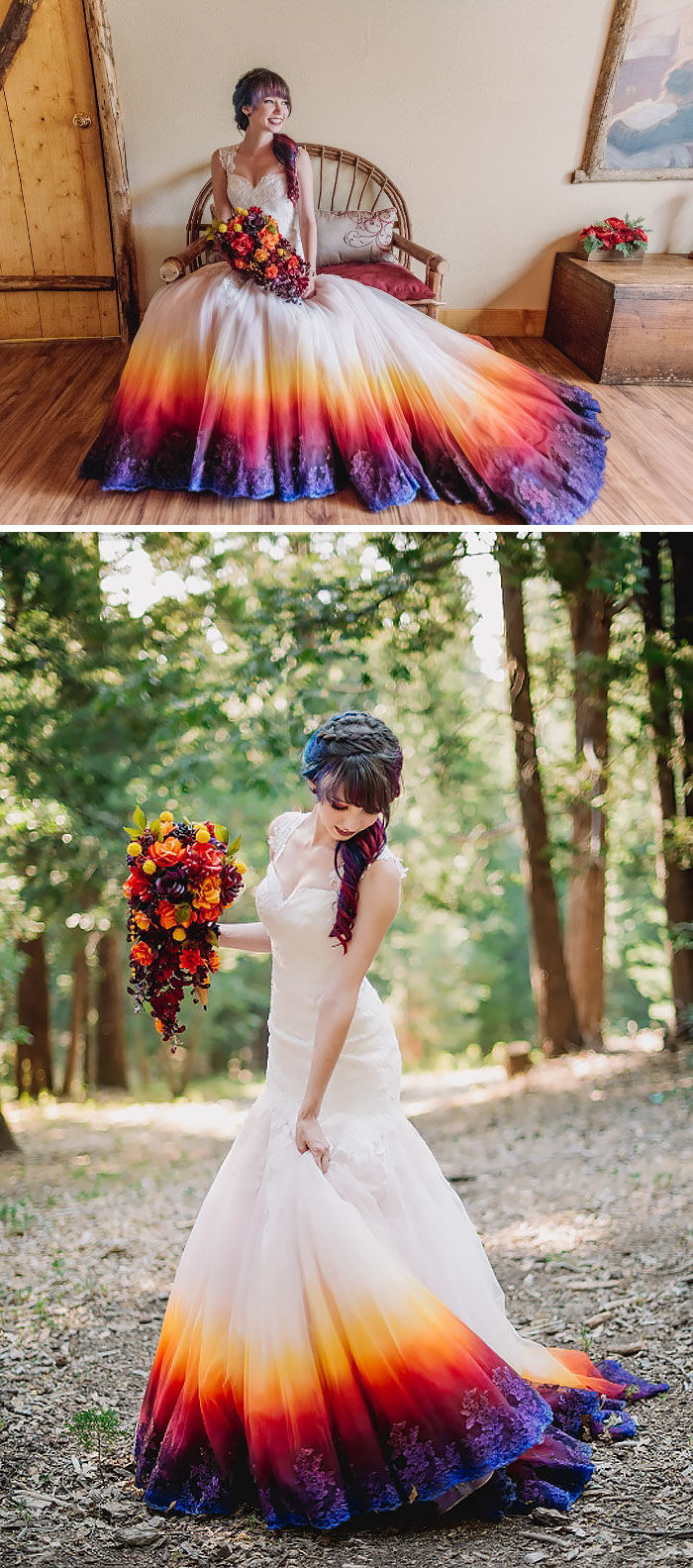 K'Mich Weddings - wedding planning - dyed dresses - bride sitting in a chair in an ombre dress