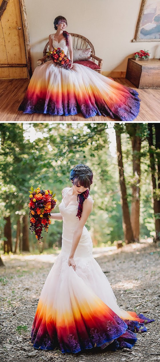 K'Mich Weddings - wedding planning - dyed dresses - bride sitting in a chair in an ombre dress